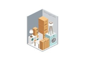 A 3D isometric image of a storage unit with household goods in it.