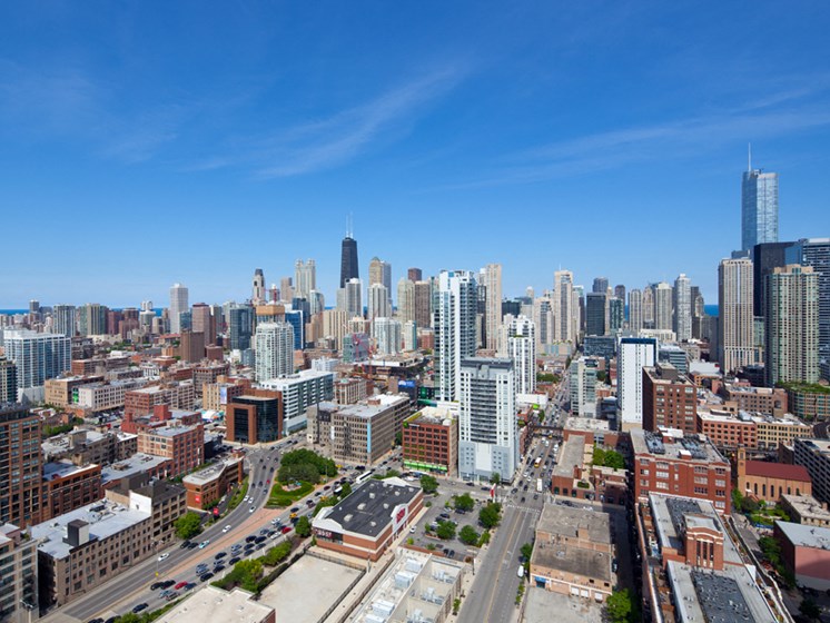 View of the River North Chicago skyline from the apartment of Kingsbury Plaza