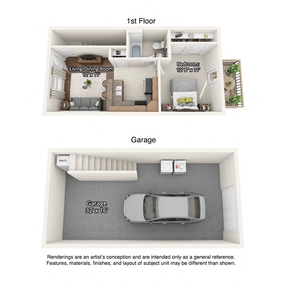3 dimensional floorplan view of 1 bedroom apartment 1 bedroom floorplan with garage