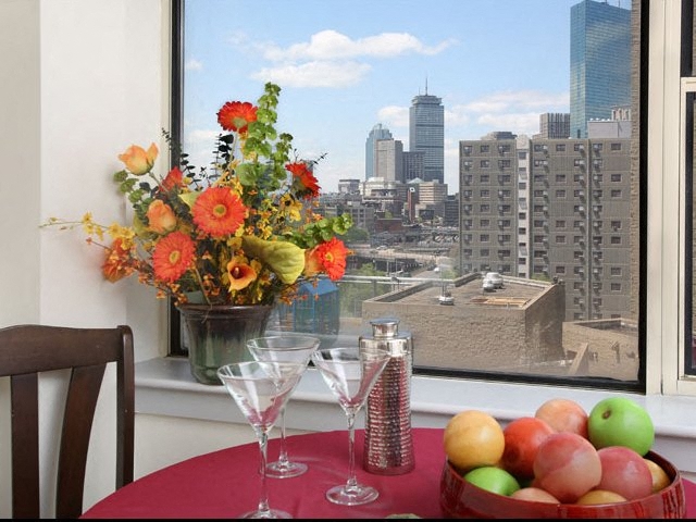 View of Boston skyline through a large bright window at Oak Terrace.