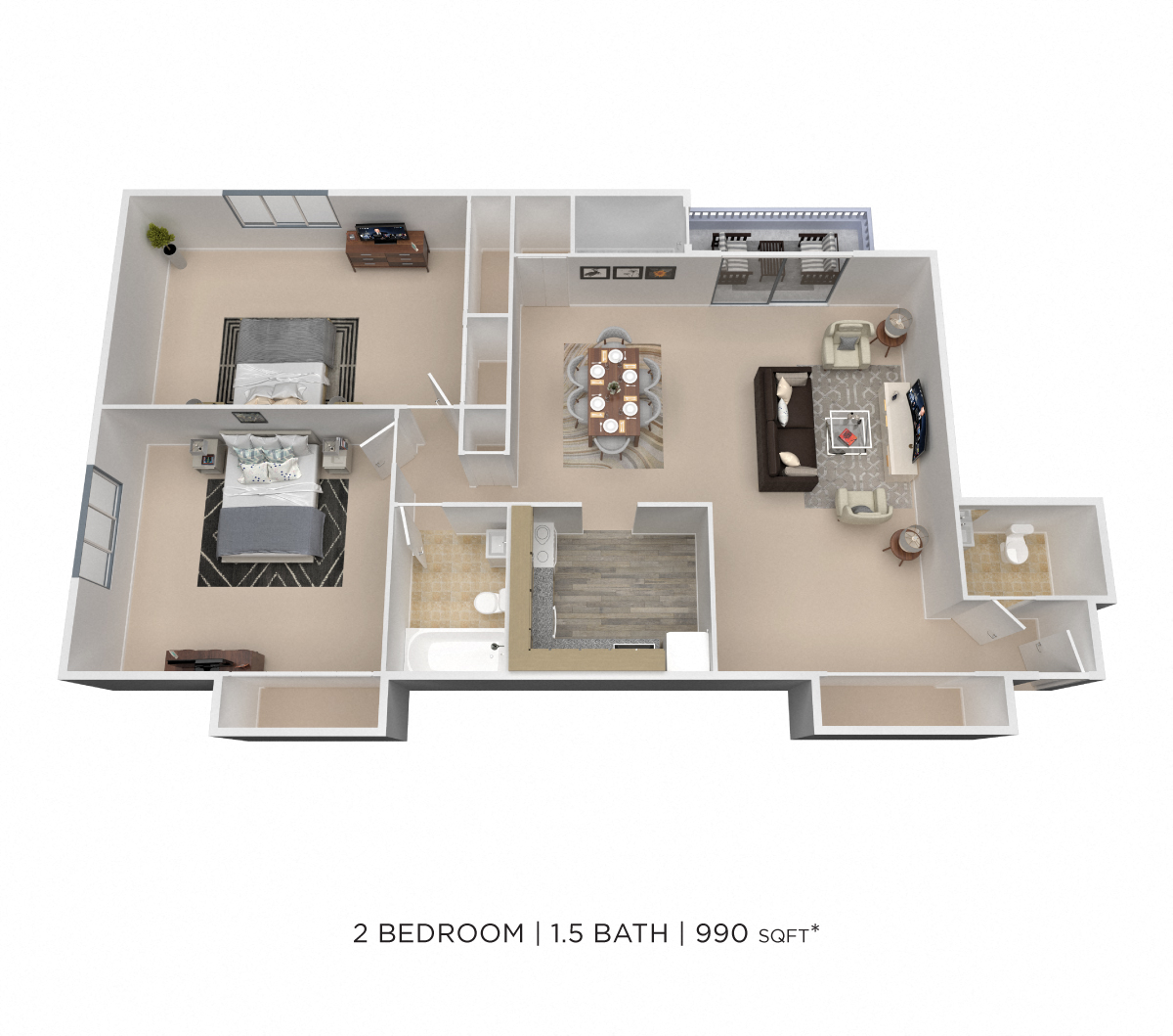 Two Bedroom 1.5 Bath - 980 sqft floor plan