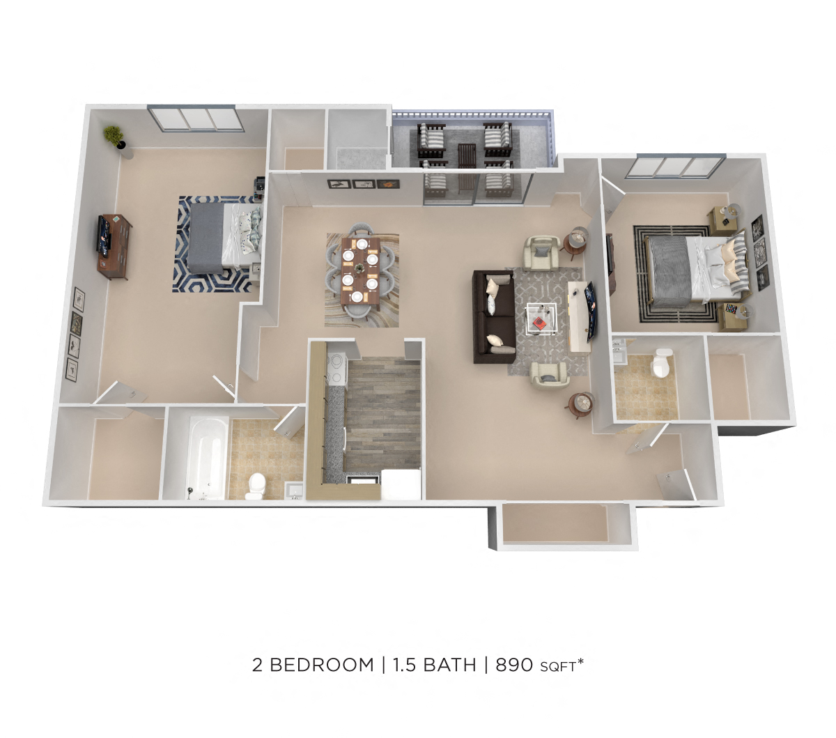 Two Bedroom 1.5 Bath - 890 sqft floor plan