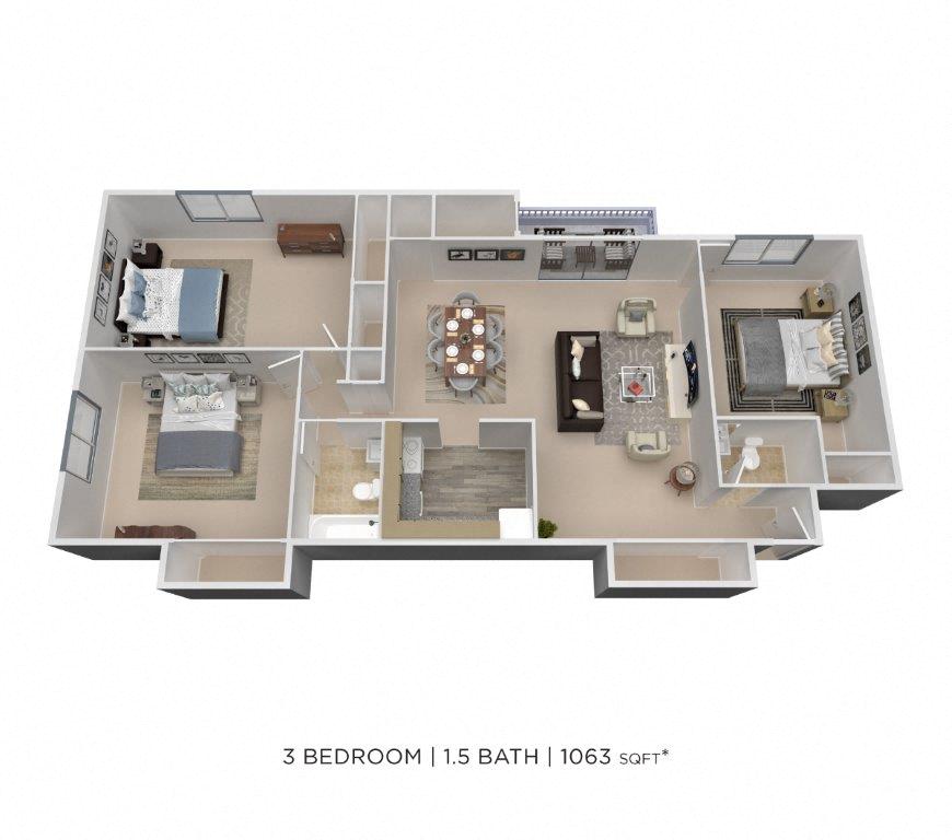 Three Bedroom 1.5 Bath - 1,063 sqft floor plan