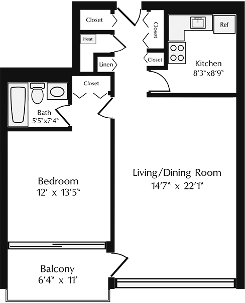 1 Bedroom Floor Plan at Wellesley House Apartments, Parkville, MD, 21234
