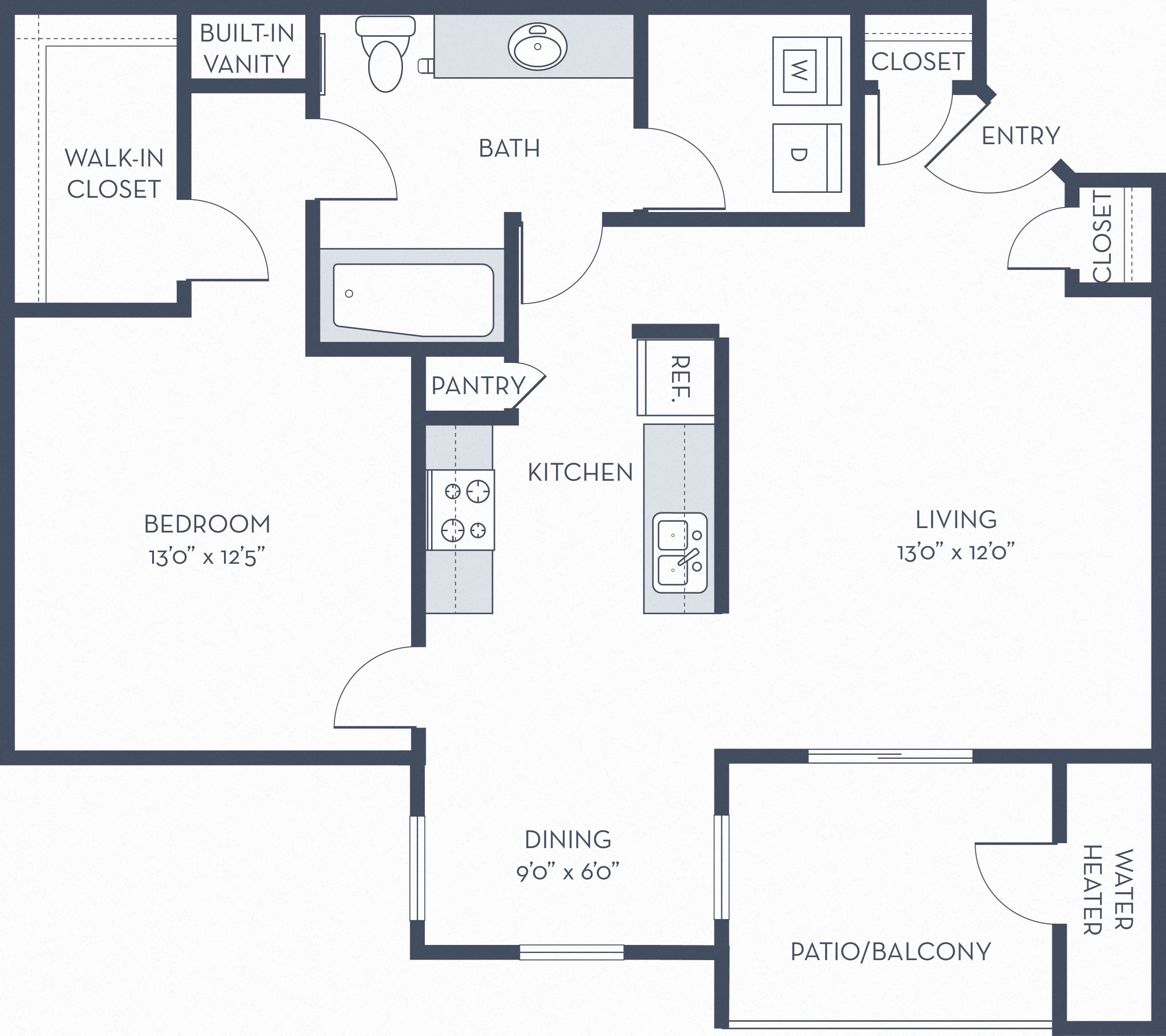 A2 Floorplan One Bedroom One Bathroom Apartment with galley kitchen, private balcony, and dining area