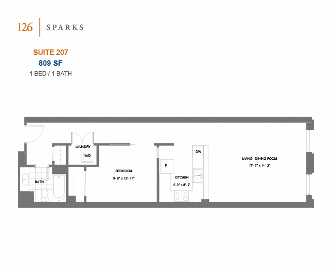 126 Sparks – 1 BED - 1 BATH - 664 SF – Apartment