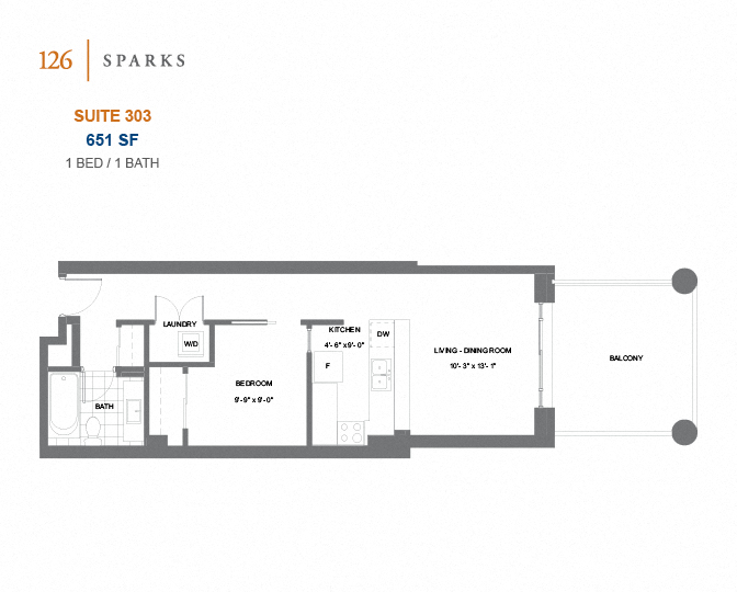 126 Sparks – 1 BED - 1 BATH - 664 SF – Apartment