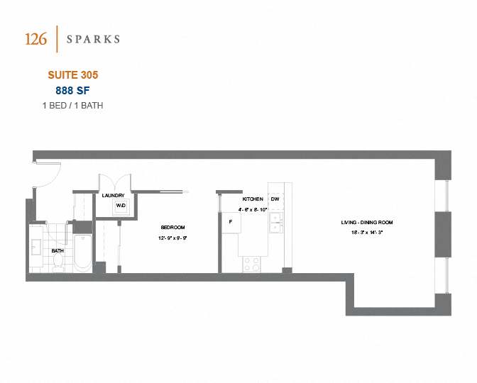 126 Sparks – 1 BED - 1 BATH - 664 SF – Apartment