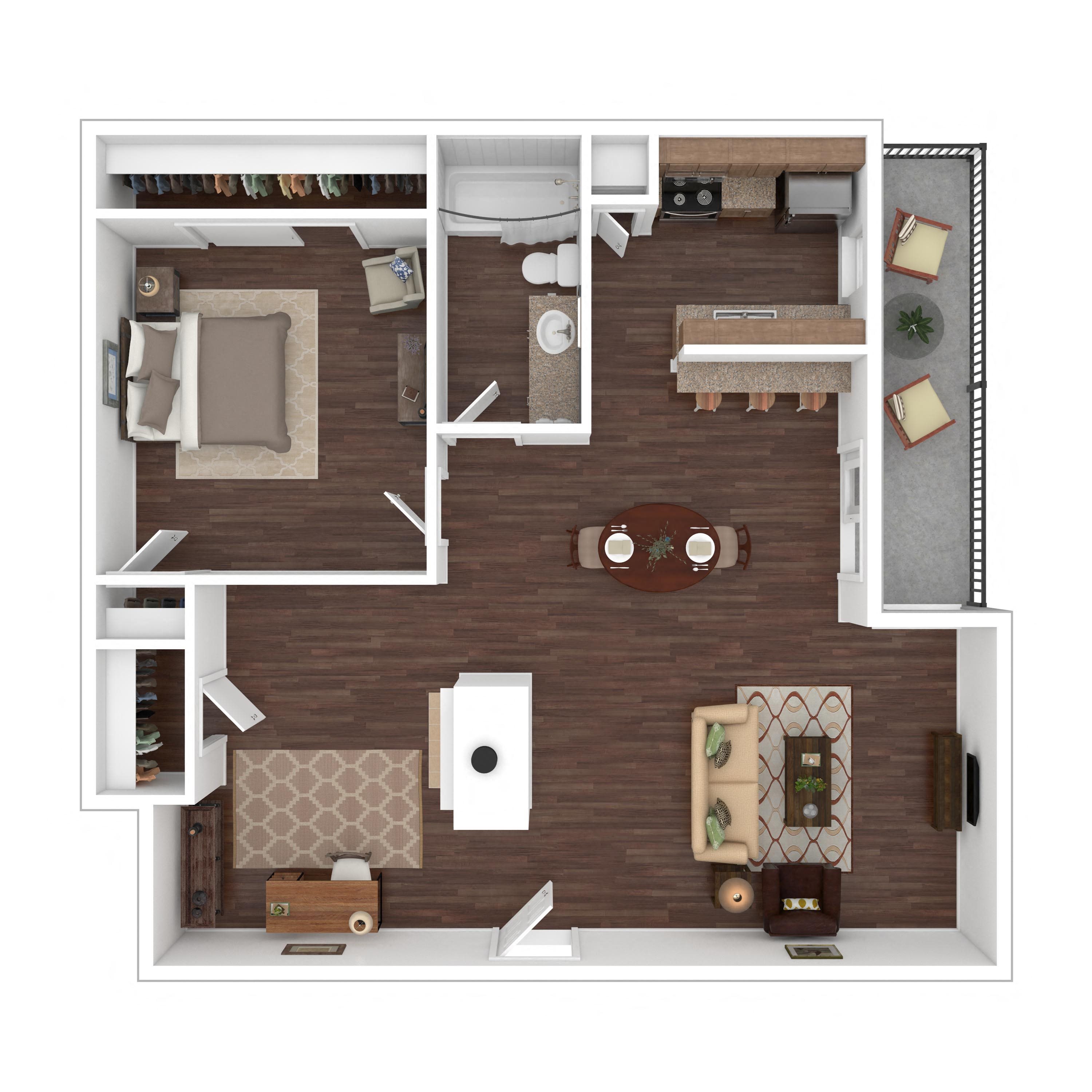 2 Bed 1 Bath 850 Sq. Ft. Floor Plan, Verge Apartments, Dallas, TX