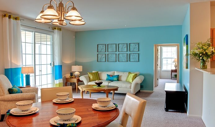 Living and dining areas at Prairie Point Apartments in Merrillville, IN