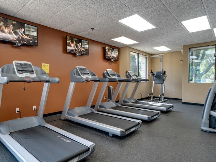 Fitness room with treadmills facing TVs on an orange wall