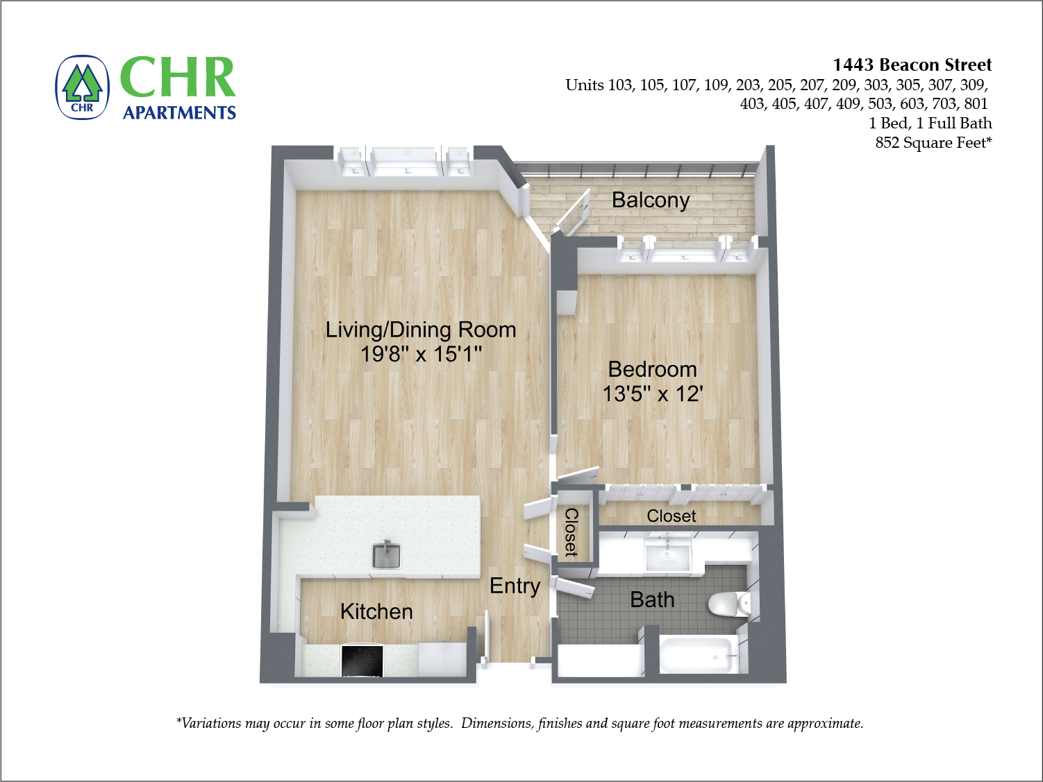 Click to view 1 Bed/1 Bath floor plan gallery