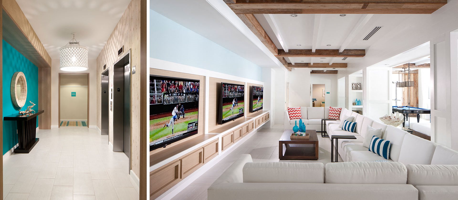 Clubhouse media room with large couch and three televisions
