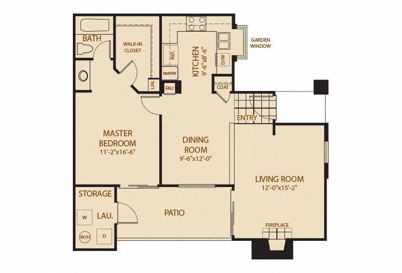 Ridgecrest Apartments A - 1 Bedroom 1 Bath Floor Plan Layout - 780 Square Feet