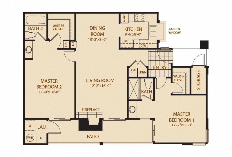 Ridgecrest Apartments B - 2 Bedroom 2 Bath Floor Plan Layout - 1050 Square Feet