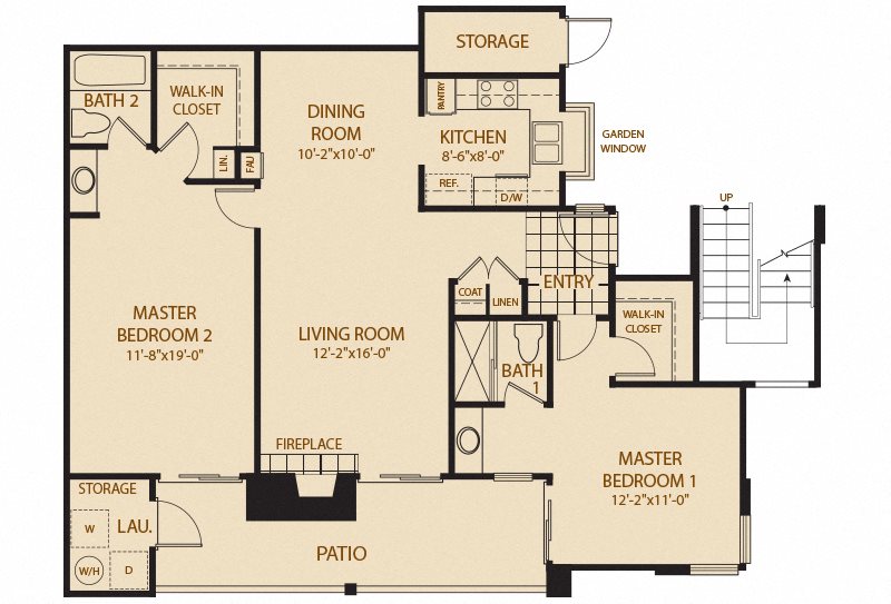 Ridgecrest Apartments C - 2 Bedroom 2 Bath Floor Plan Layout - 1105 Square Feet
