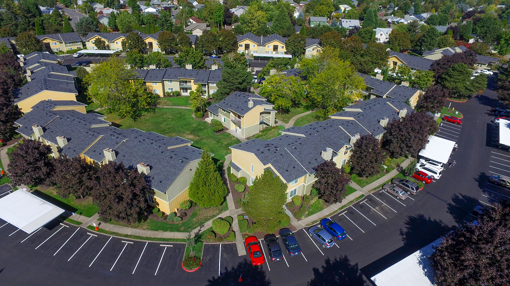 Aerial side at Commons at Hawthorn Village Apartments, Hillsboro, Oregon