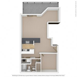 One Bedroom, One Bathroom unfurnished floor plan image of the R-P2 unit.