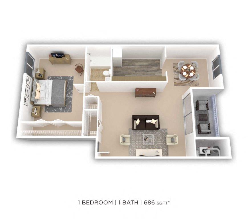 One Bedroom - 686 sqft floor plan