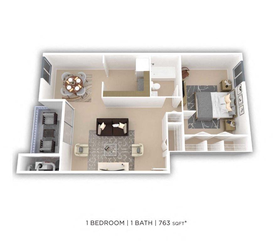 One Bedroom - 763 sqft floor plan