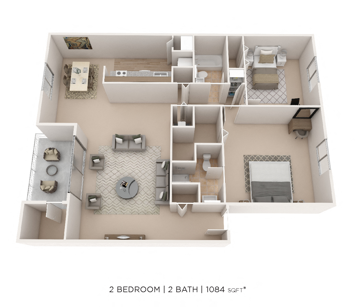 Two Bedroom 2 Bath - 1,084 sqft floor plan