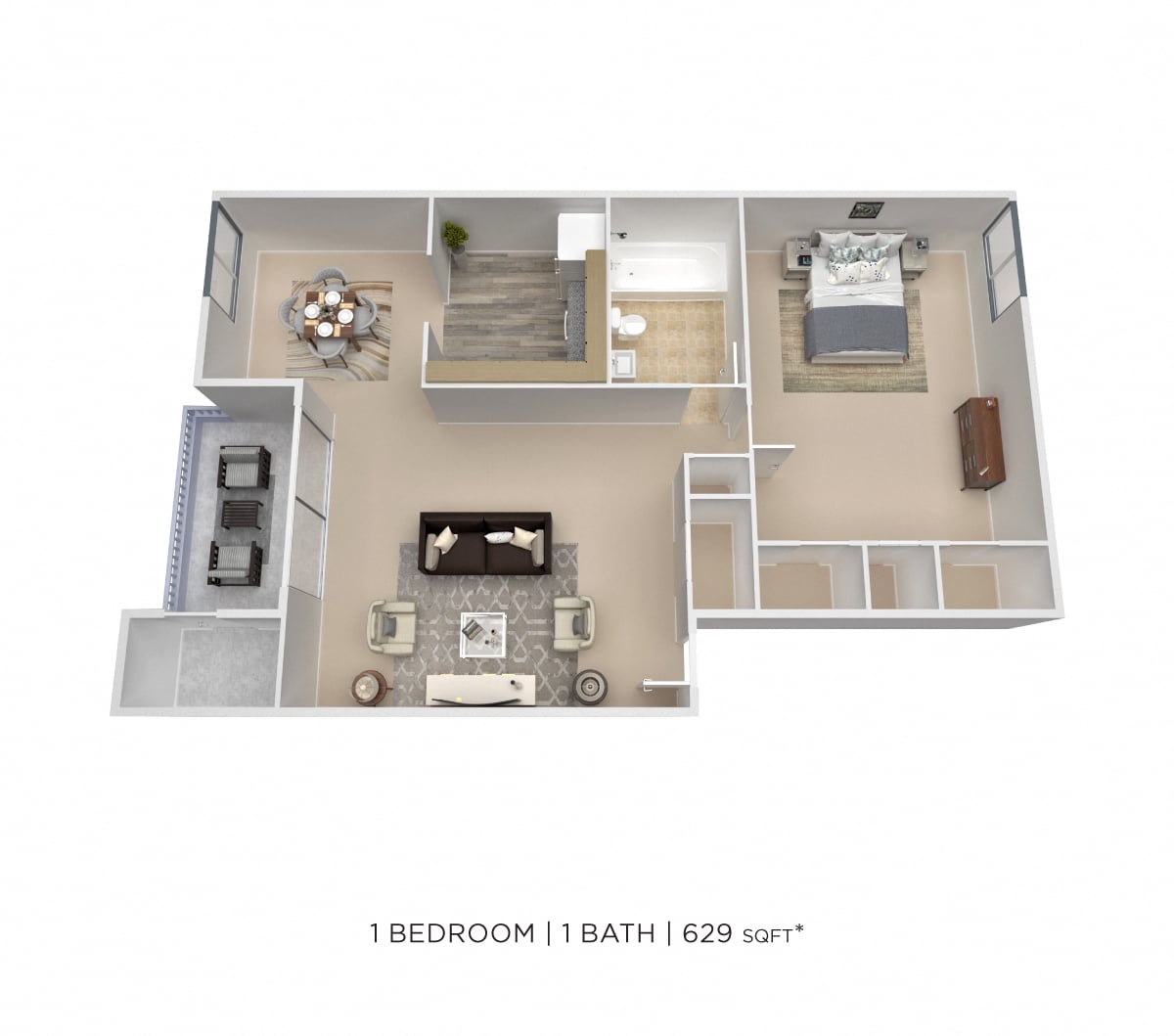 One Bedroom - 629 sqft floor plan