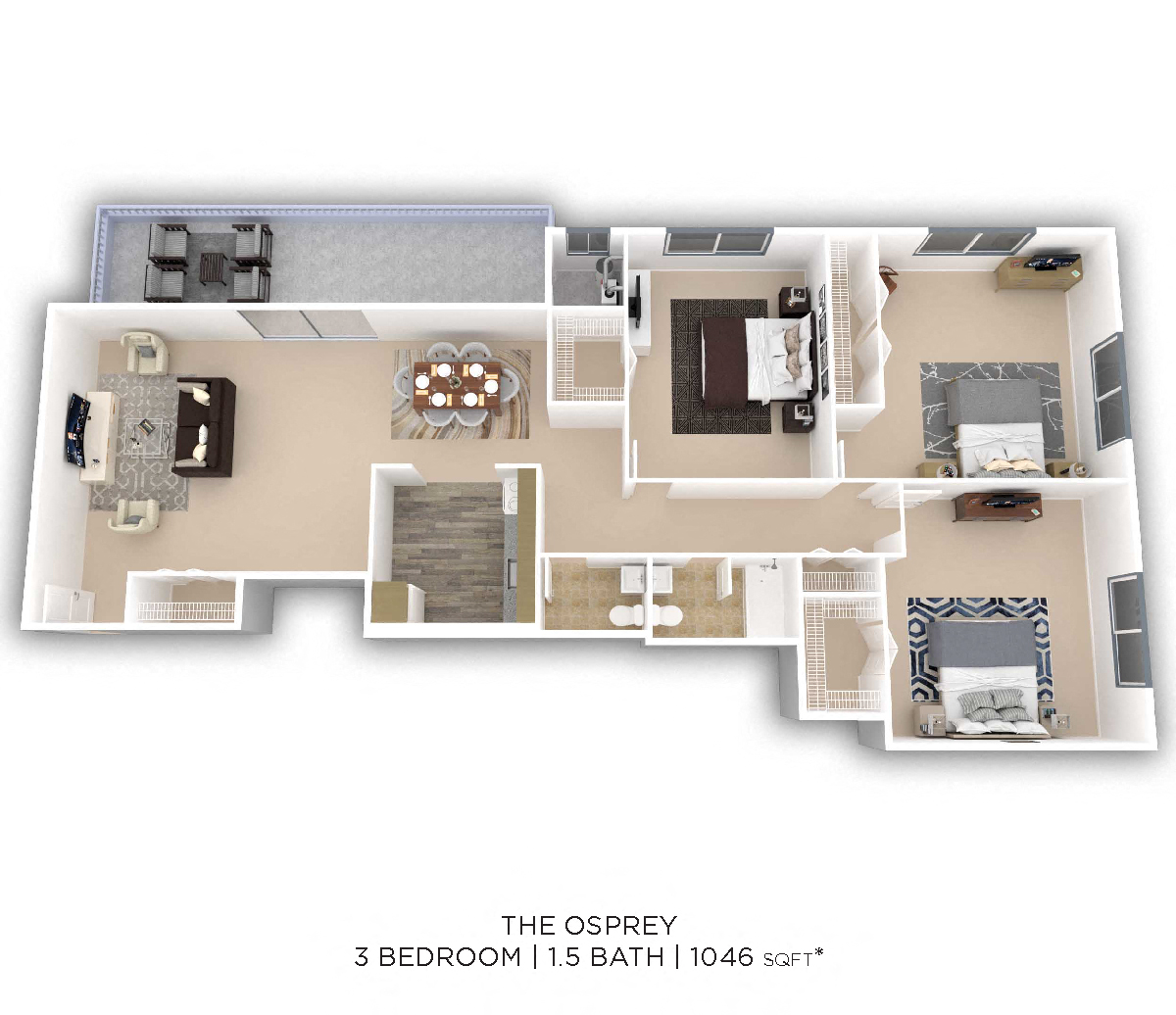Three Bedroom 1.5 Bath - 1,046 sqft floor plan