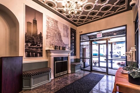 Lobby with Fireplace at 14 West Elm Apartments, Chicago, 60610`