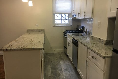 Kitchen with Upgraded Modern Lighting and Breakfast Bar at 14 West Elm Apartments, Illinois, 60610