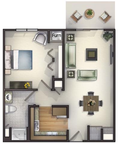 1 Bedroom, 1 Bath Floorplan 1 Bedroom, 1 Bath Floorplan at Highlands at Riverwalk Apartments 55+