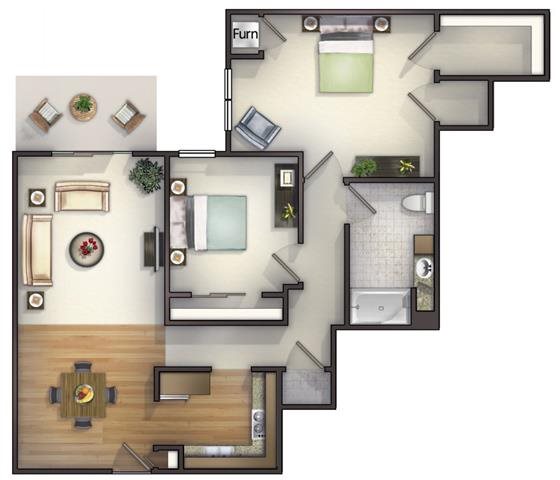 2 Bedroom, 1 Bath Courtyard Floorplan 2 Bedroom, 1 Bath Courtyard Floorplan at Highlands at Riverwalk Apartments 55+