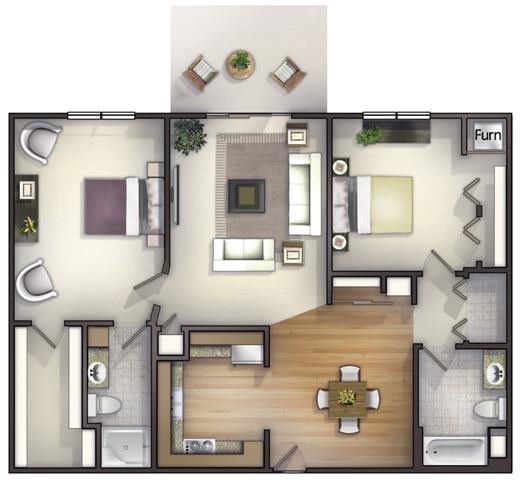 2 Bedroom, 2 Bath Floorplan 2 Bedroom, 2 Bath Floorplan at Highlands at Riverwalk Apartments 55+