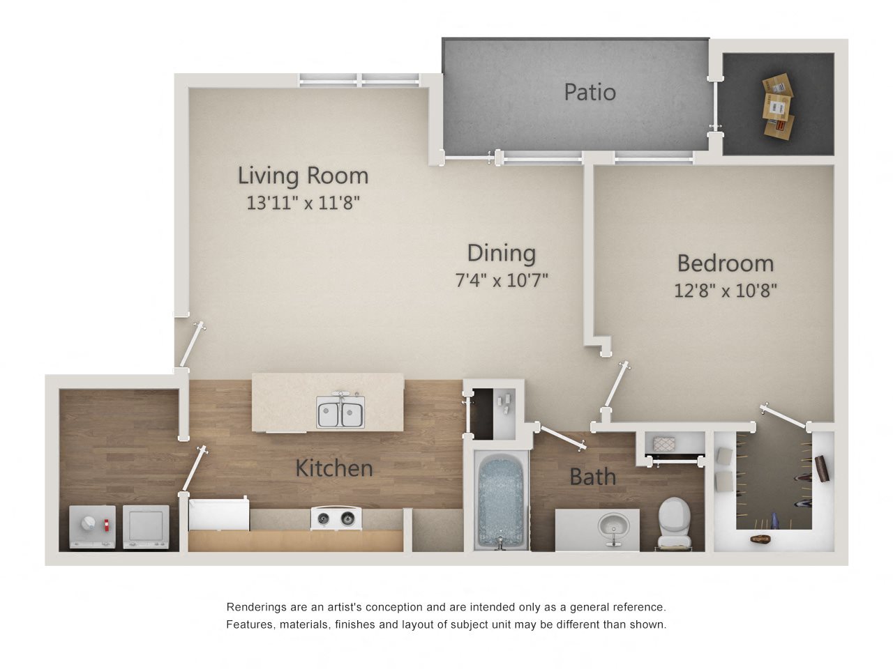 Ash Floorplan - 1 bed, 1 bath, ranging from 728 to 776 square feet. Ash Floorplan - 1 bed, 1 bath, ranging from 728 to 776 square feet.
