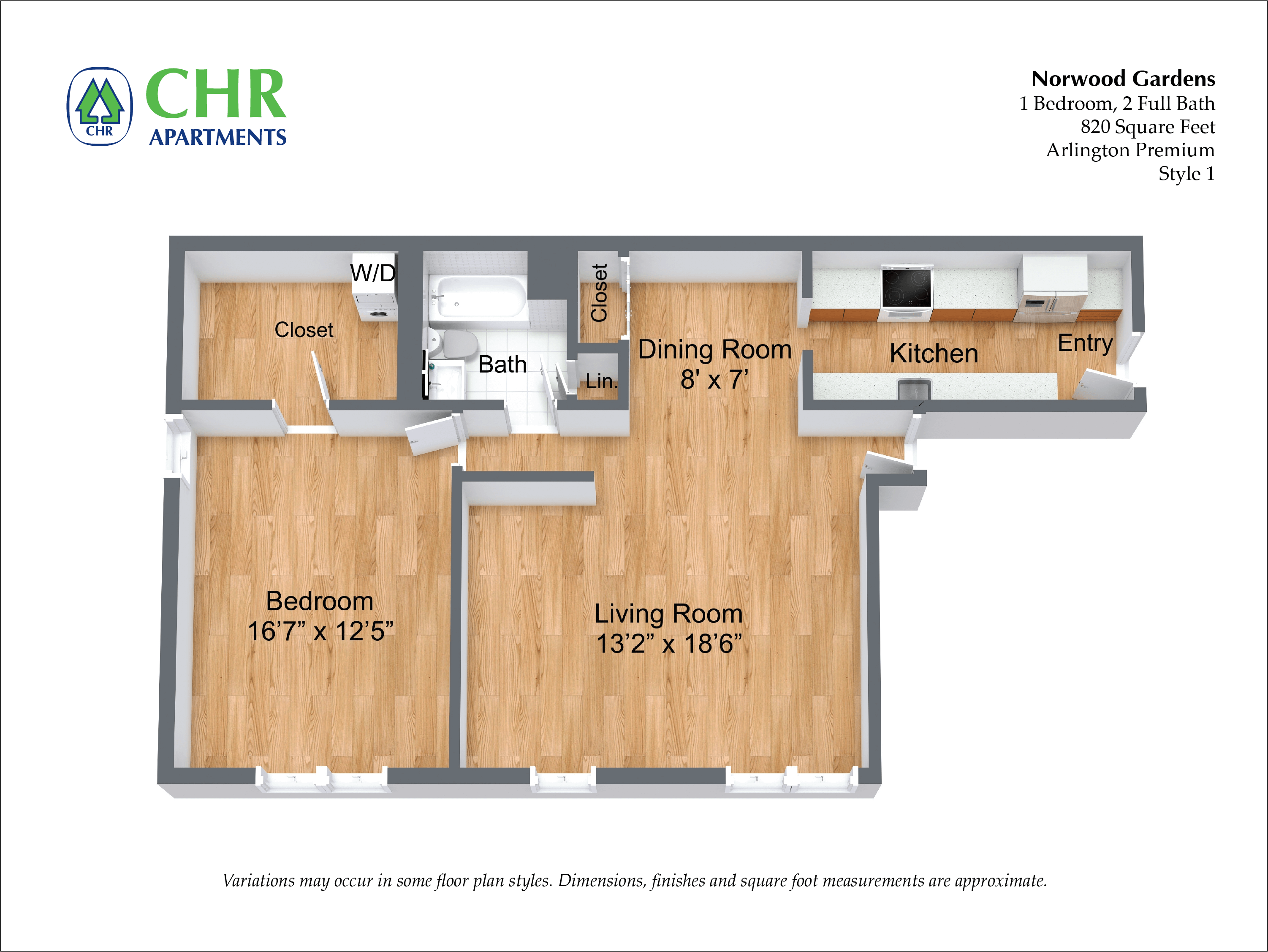 Click to view 1 Bed/1 Bath with Walk-In Closets floor plan gallery