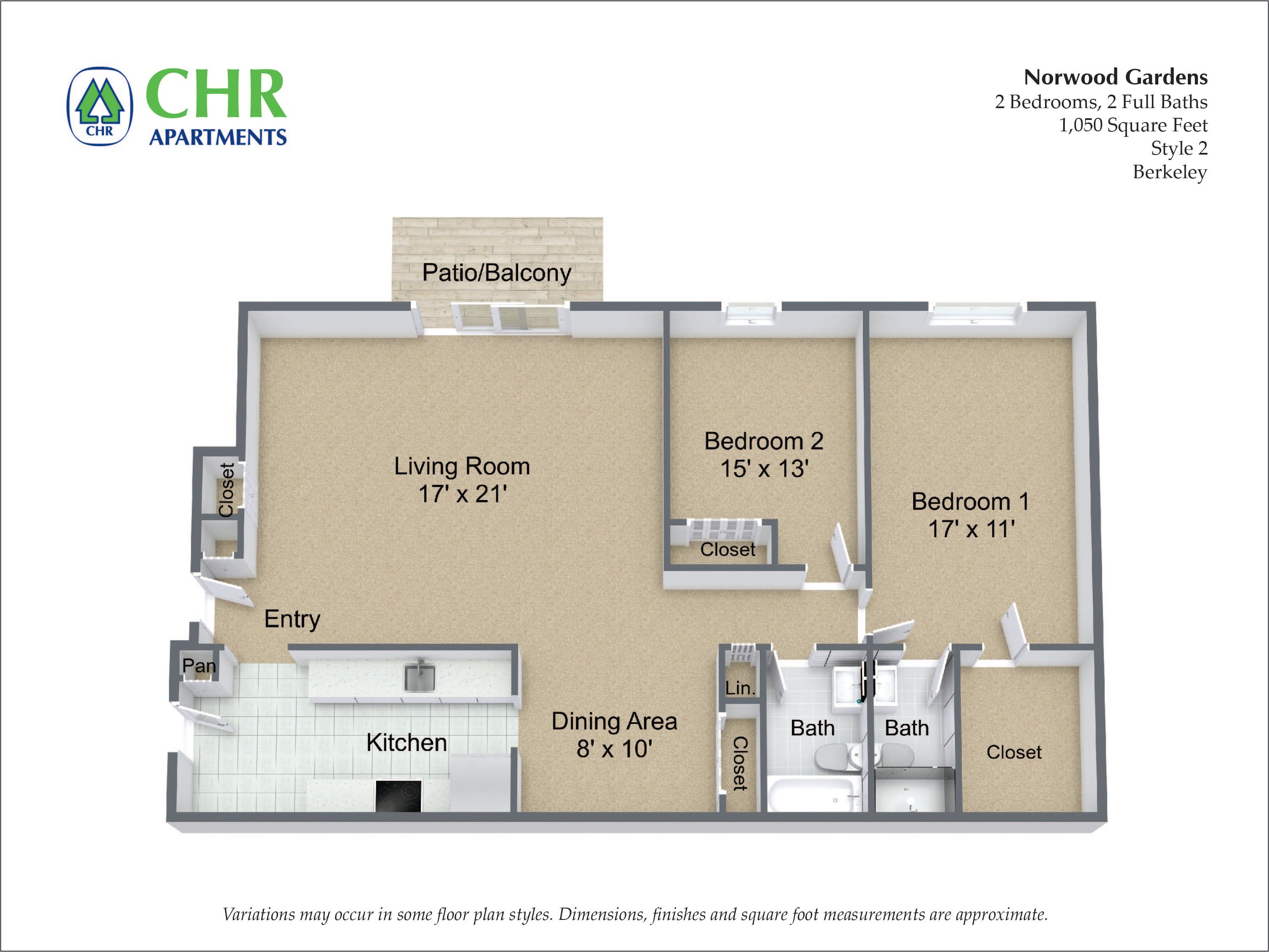 Click to view 2 Bed/2 Bath with Walk-In Closet floor plan gallery