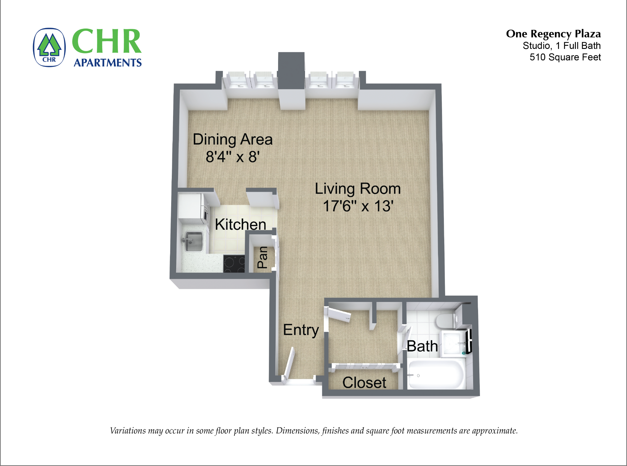 Click to view Studio/1 Bath with Dining Area floor plan gallery