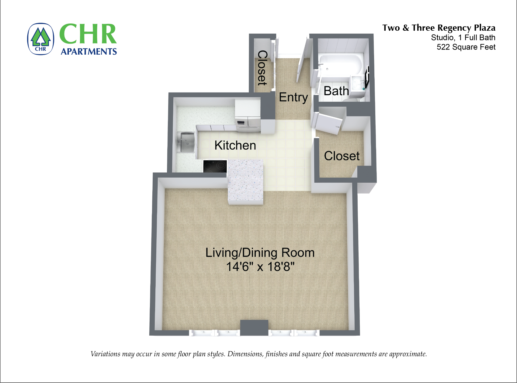 Click to view Studio/1 Bath with Full Kitchen floor plan gallery