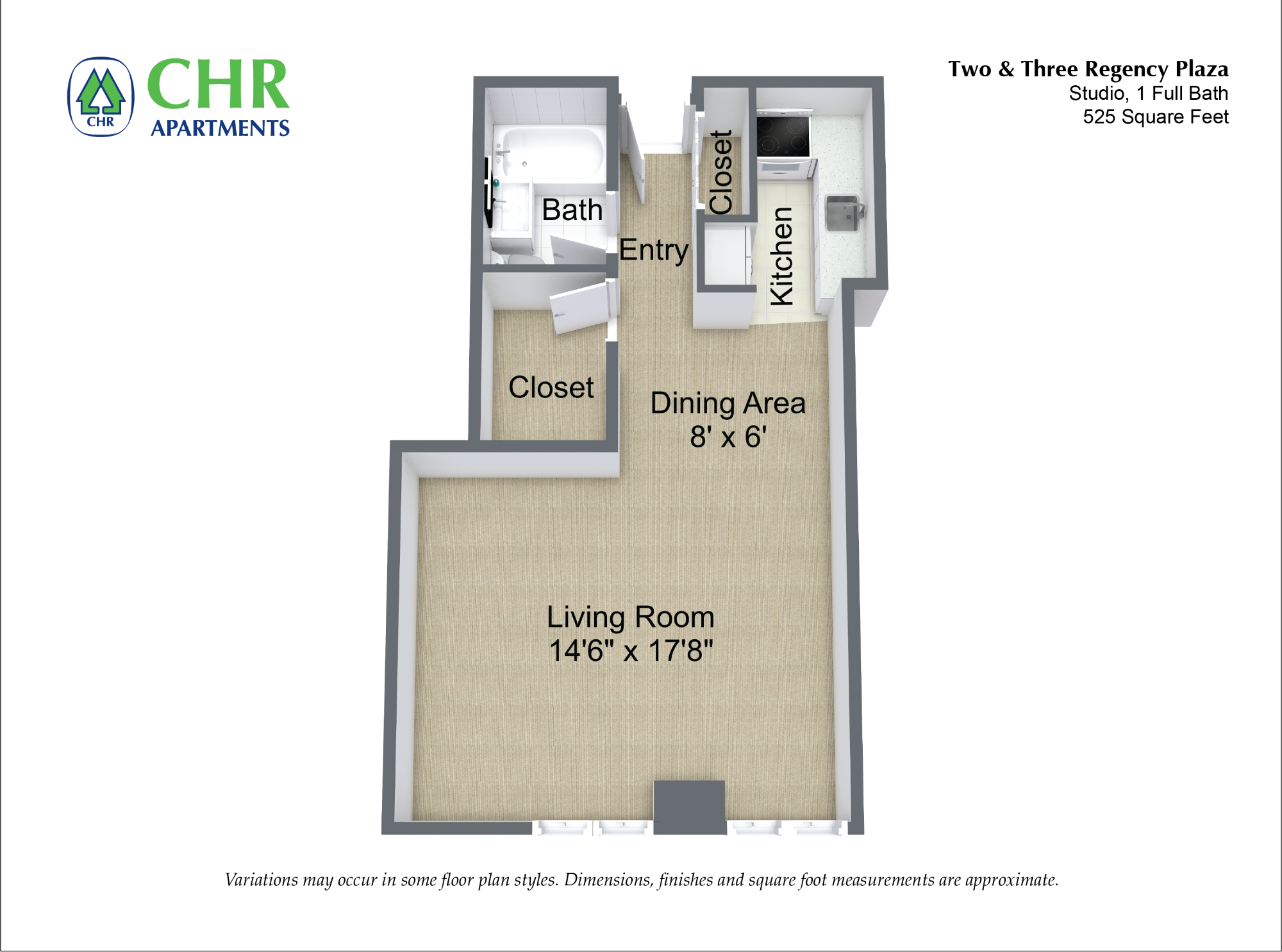 Floor plan Studio/1 Bath With Walk-In Closets image 2