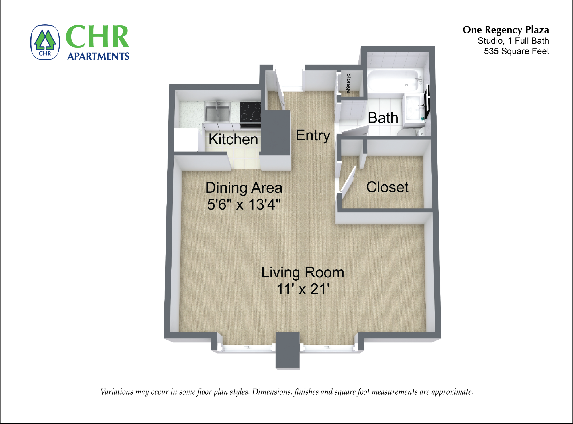 Floor plan Studio/1 Bath With Walk-In Closets image 3