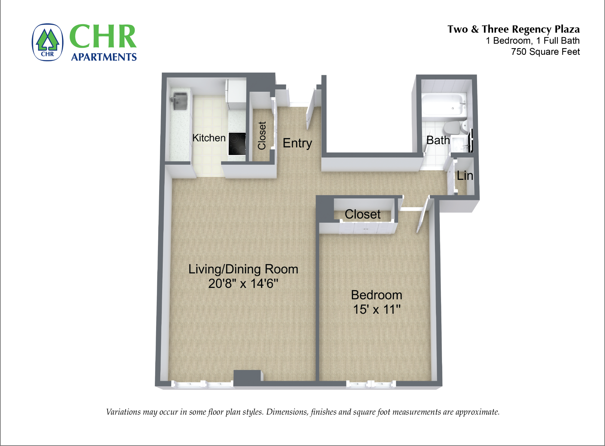 Floor plan 1 Bed/1 Bath with Large Living Room image 2