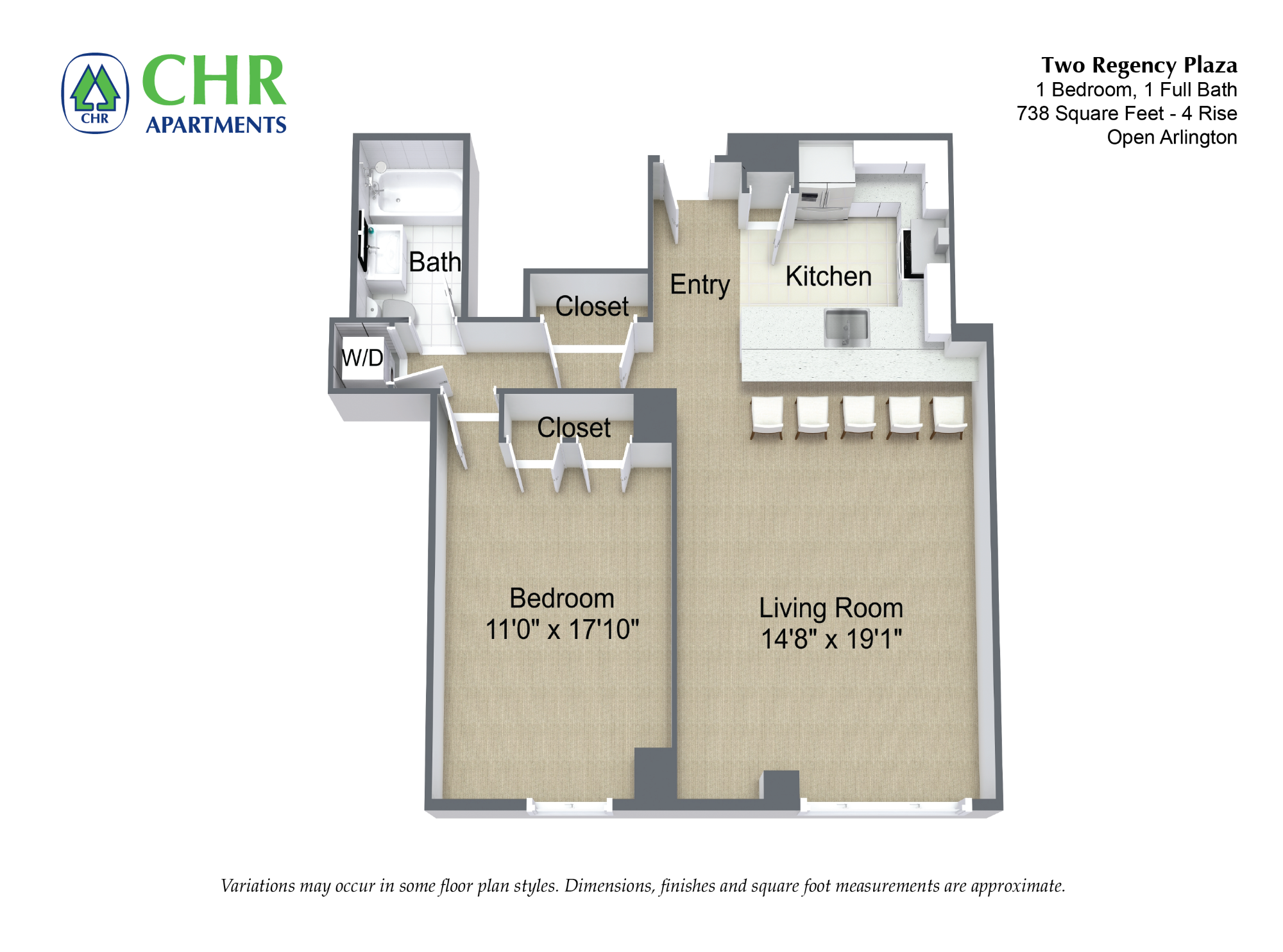 Floor plan 1 Bed/1 Bath with Open Kitchen image 3