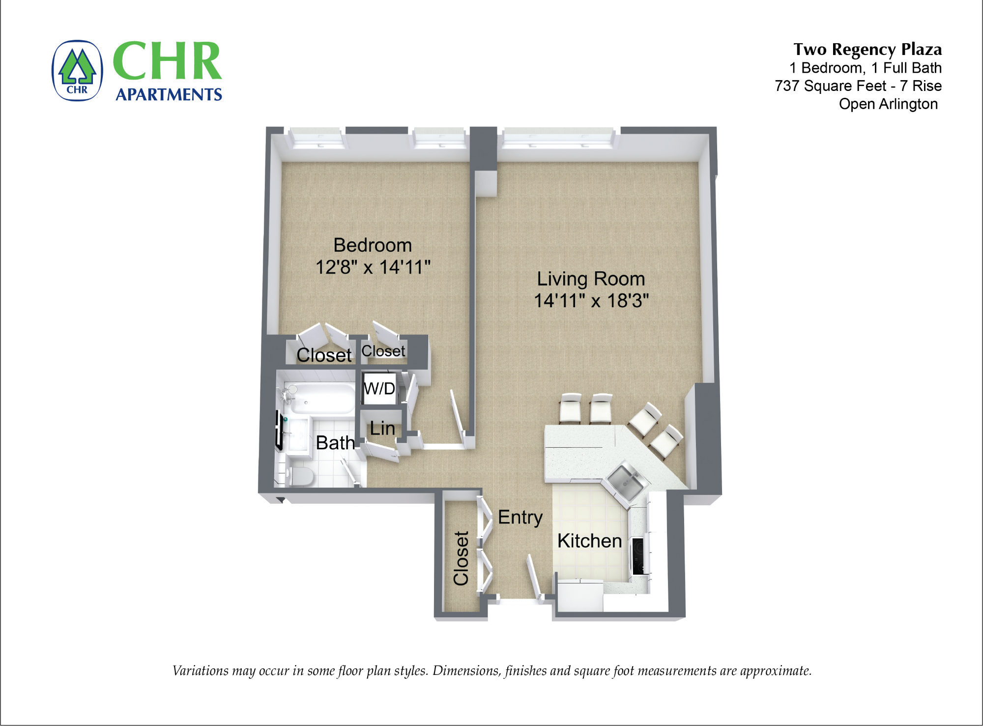 Floor plan 1 Bed/1 Bath with Open Kitchen image 2