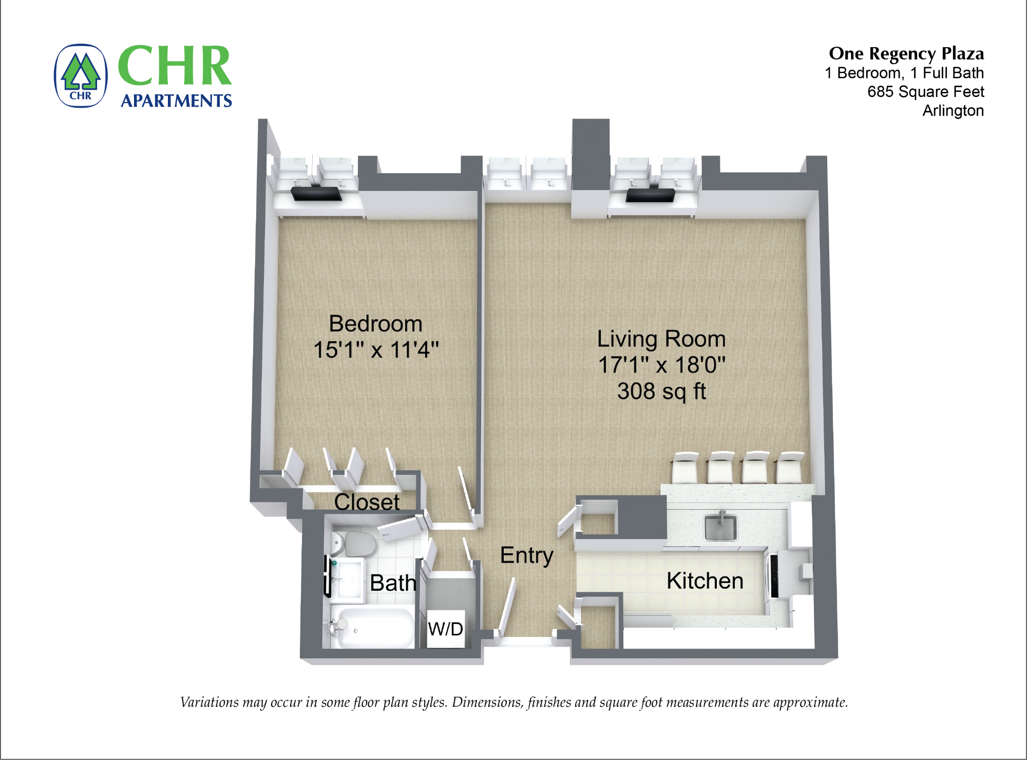 Floor plan 1 Bed/1 Bath with Open Kitchen image 4