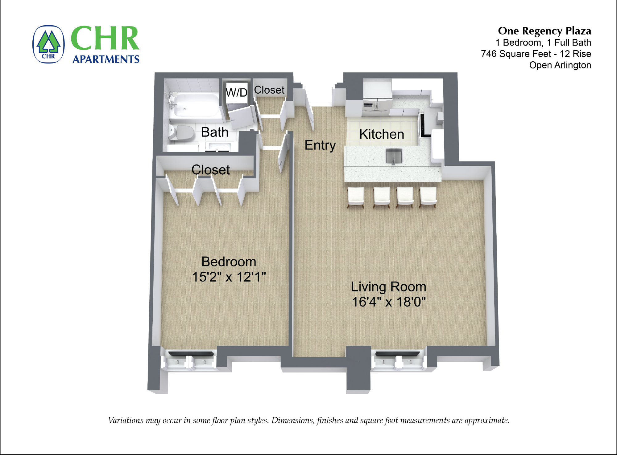 Click to view 1 Bed/1 Bath with Open Kitchen floor plan gallery