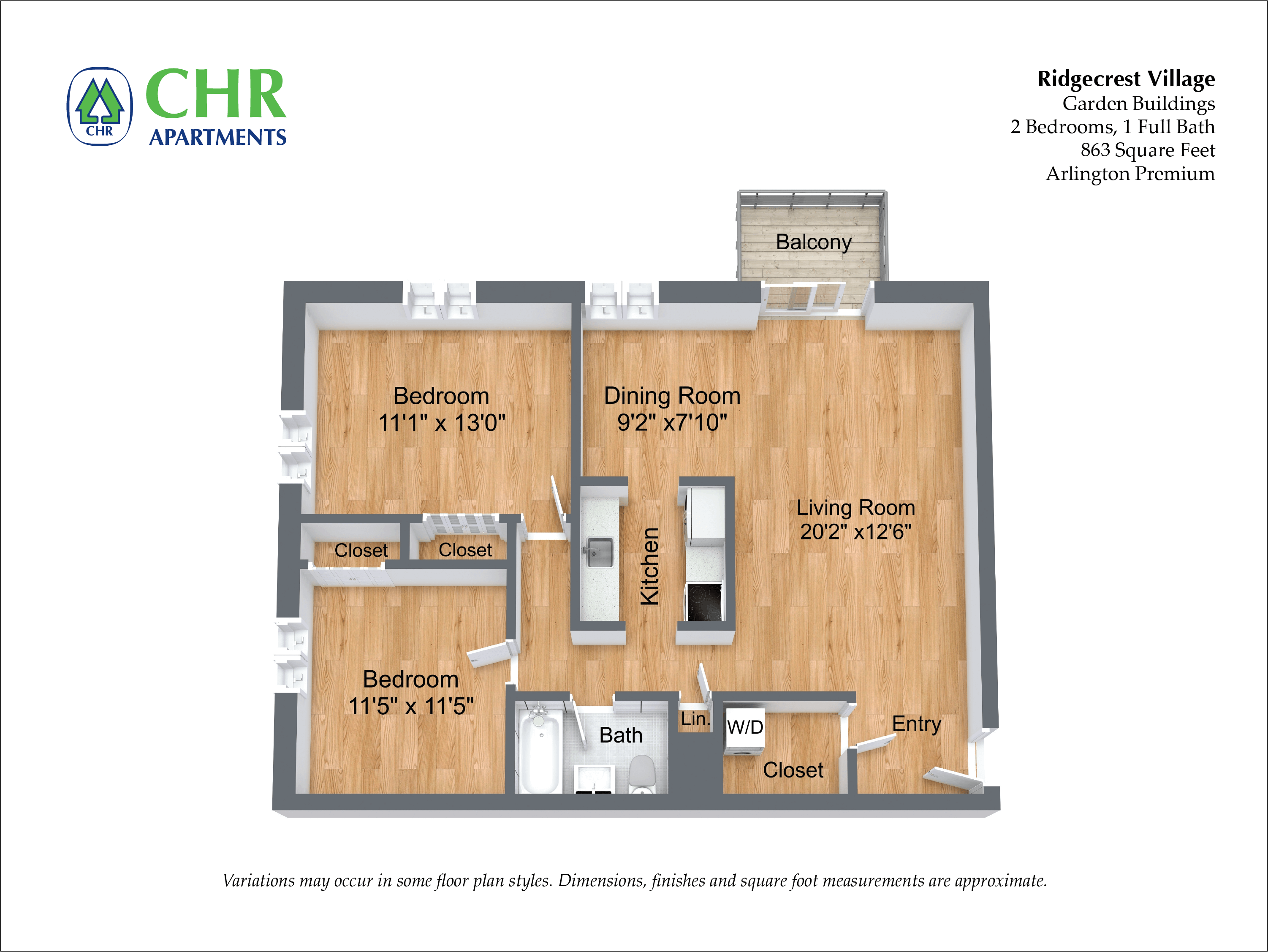 Click to view 2 Bed/1 Bath with Storage Closet floor plan gallery