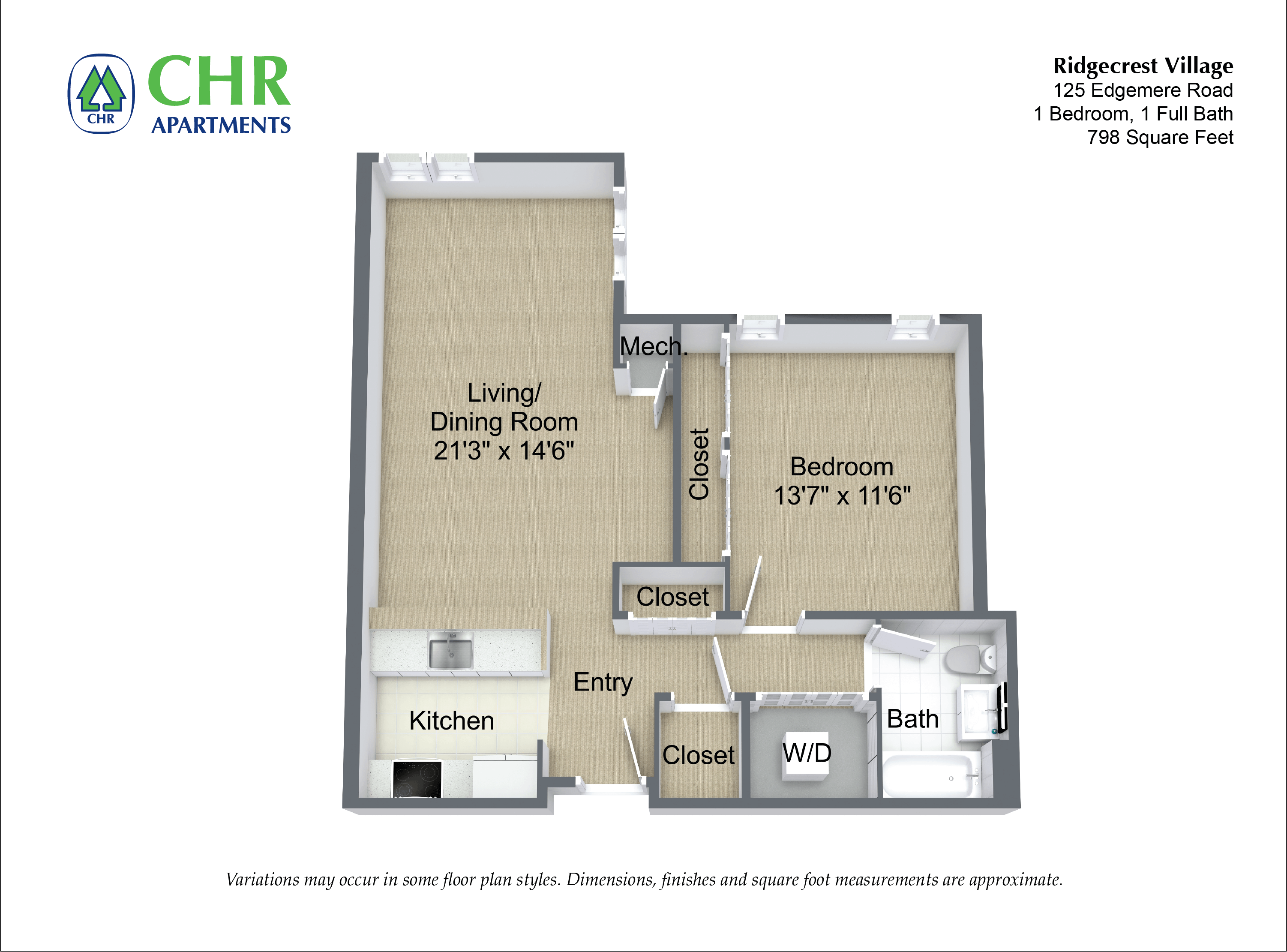 Click to view 1 Bed/1 Bath - Edgemere floor plan gallery