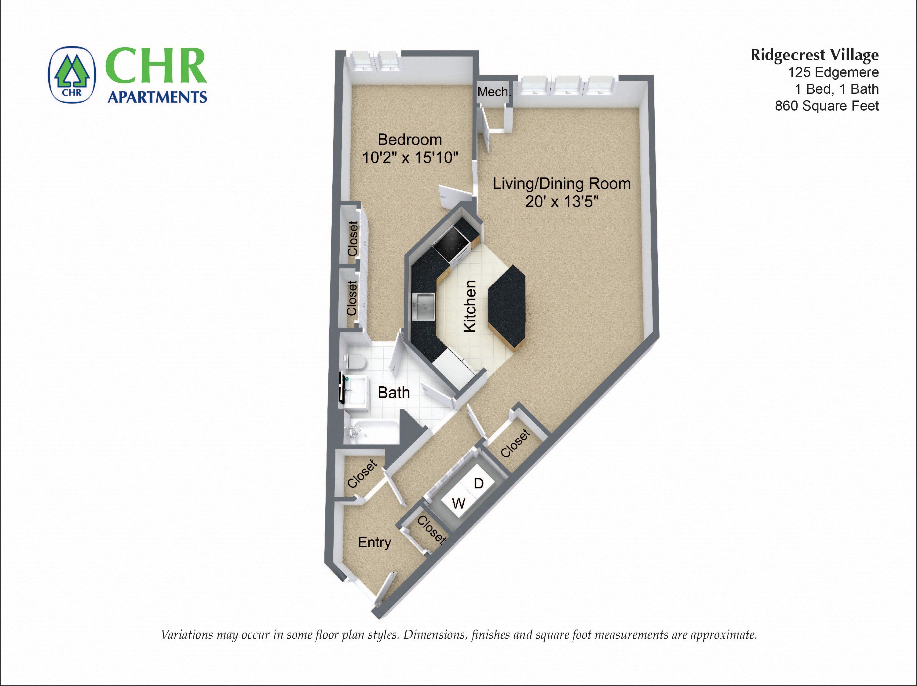 Click to view 1 Bed/1 Bath - Edgemere floor plan gallery