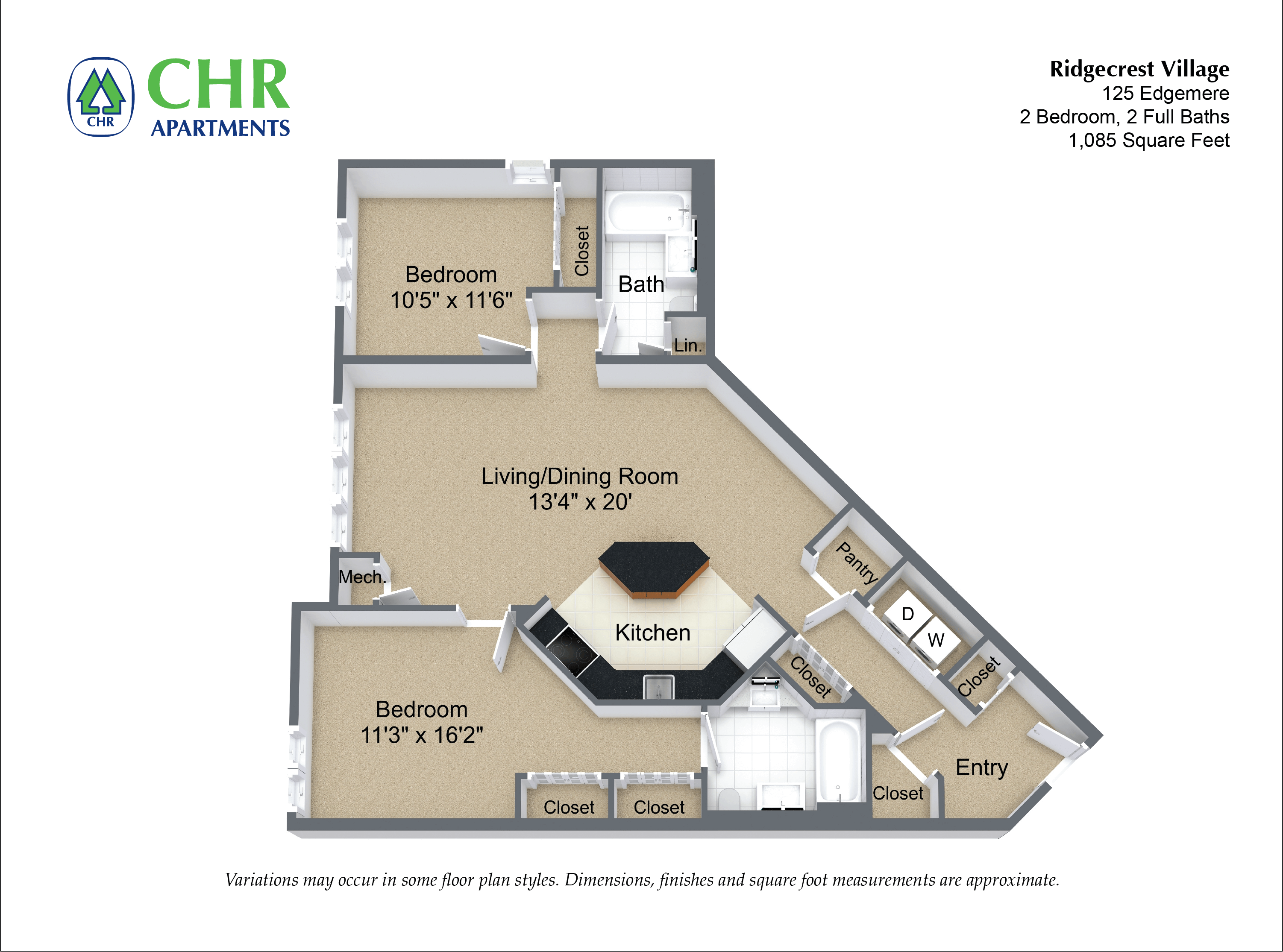 Click to view 2 Bed/2 Bath - Edgemere floor plan gallery