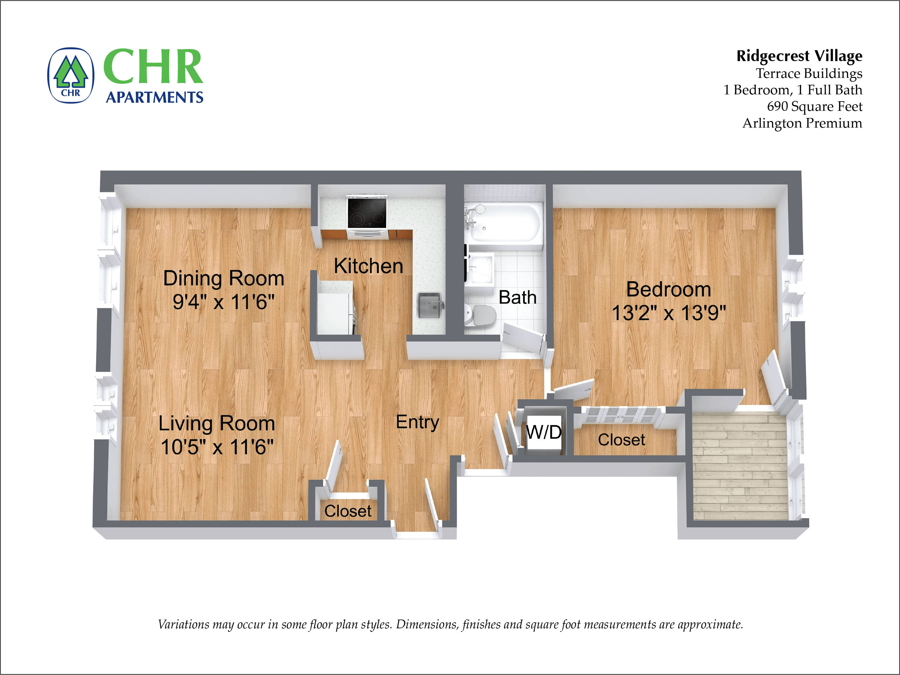 Click to view 1 Bed/1 Bath - Edgemere floor plan gallery