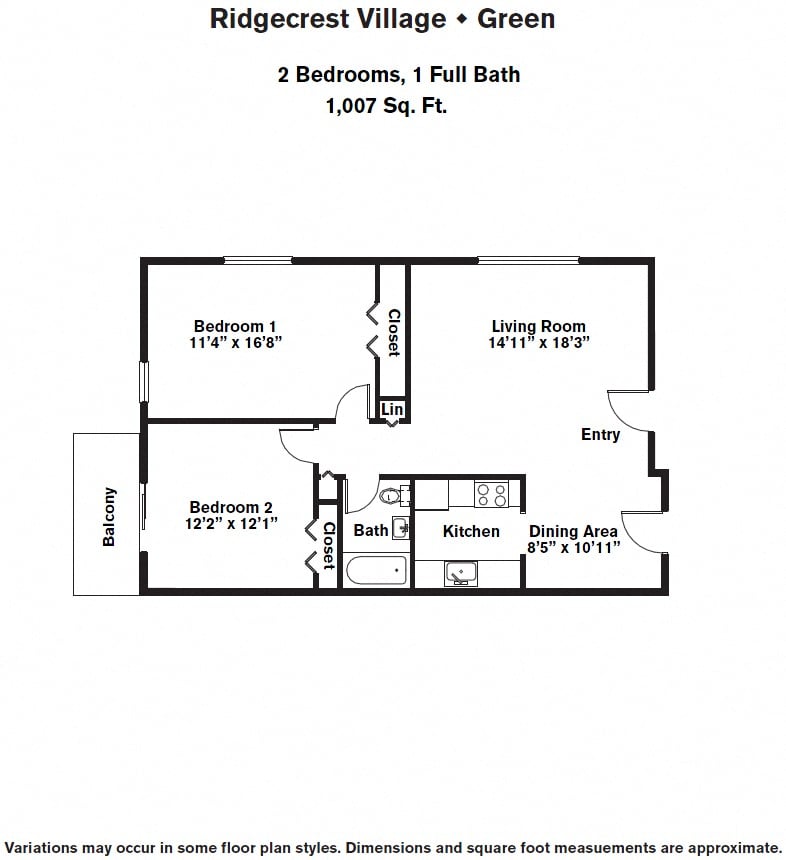 Click to view 2 Bed/1 Bath with Balcony floor plan gallery